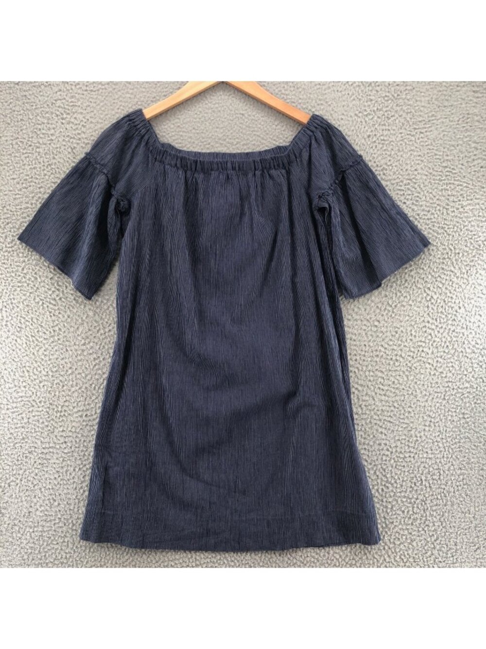 Madewell Dress Womens 4 Navy Pinstripe Cotton Shift Off Shoulder Mini 3/4 Sleeve